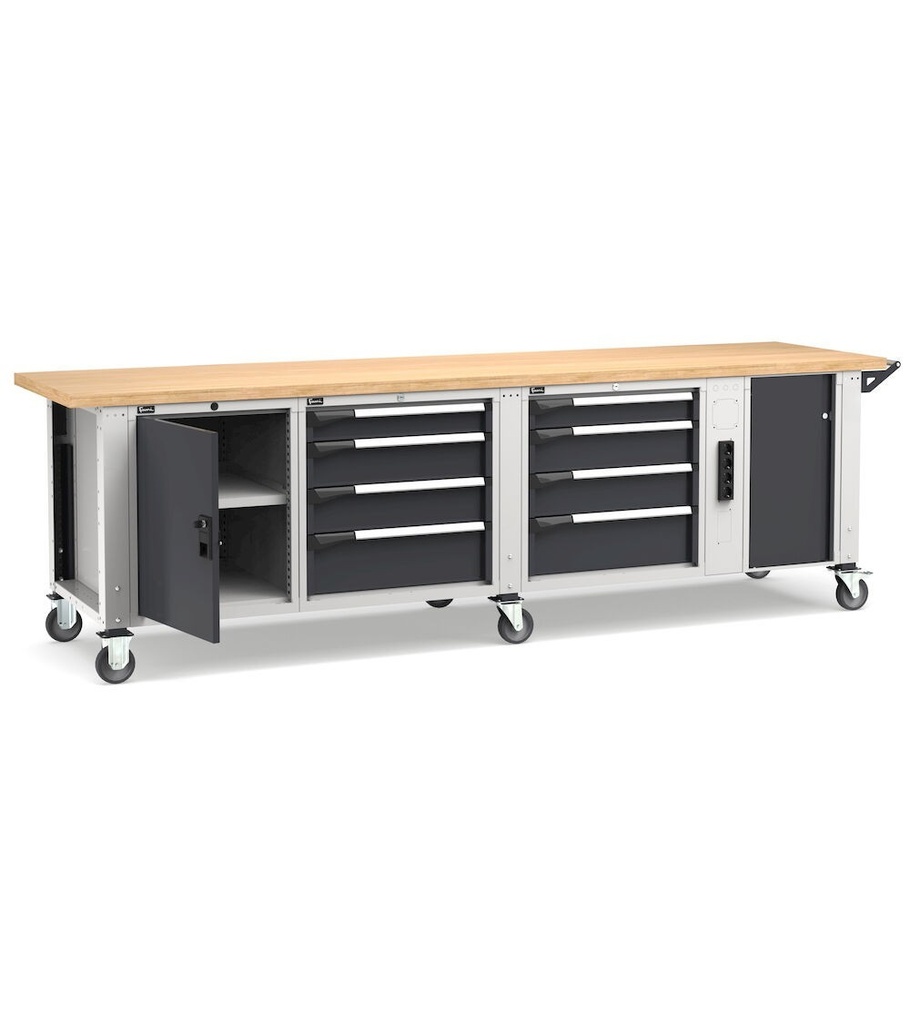Banco professionale con ruote, 8 cassetti,  porta, ripiano regolabile, morsa e allacciamenti, 300 cm, grigio e antracite – foto 2