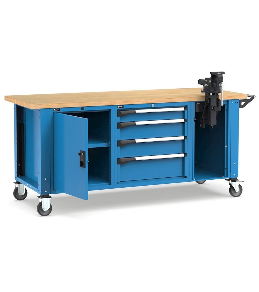 [MASTERMR2070] Banco professionale con ruote, 4 cassetti, anta, ripiano regolabile e morsa, 200 cm, blu e antracite