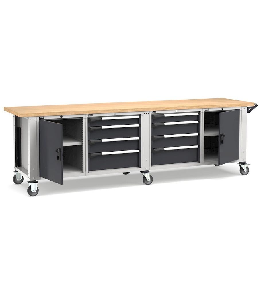 [MASTERMR3067] Banco con ruote con porte con 8 cassetti 2x100 4x150 2x200 2xPR Work Master – H 921/1271 mm – Grigio chiaro + Grigio antracite (RAL 7035+7016)