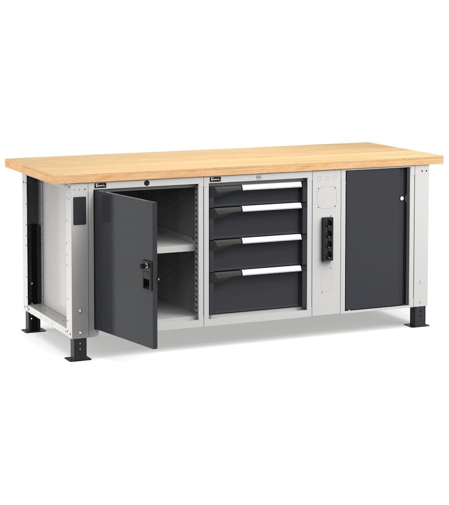 Banco professionale con 4 cassetti, anta, ripiano regolabile, morsa e allacciamenti, 200 cm, grigio e antracite – foto 2