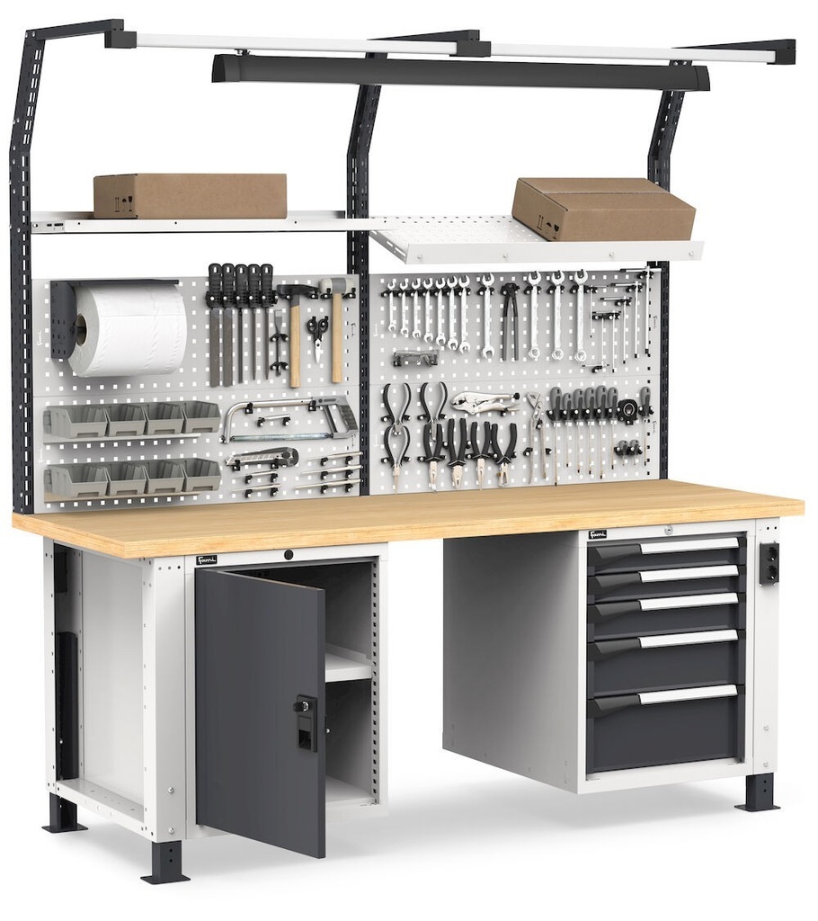 [MASTERWR2082] Banco professionale con 5 cassetti, parete, ripiano regolabile, porta e accessori, 200 cm, grigio e antracite