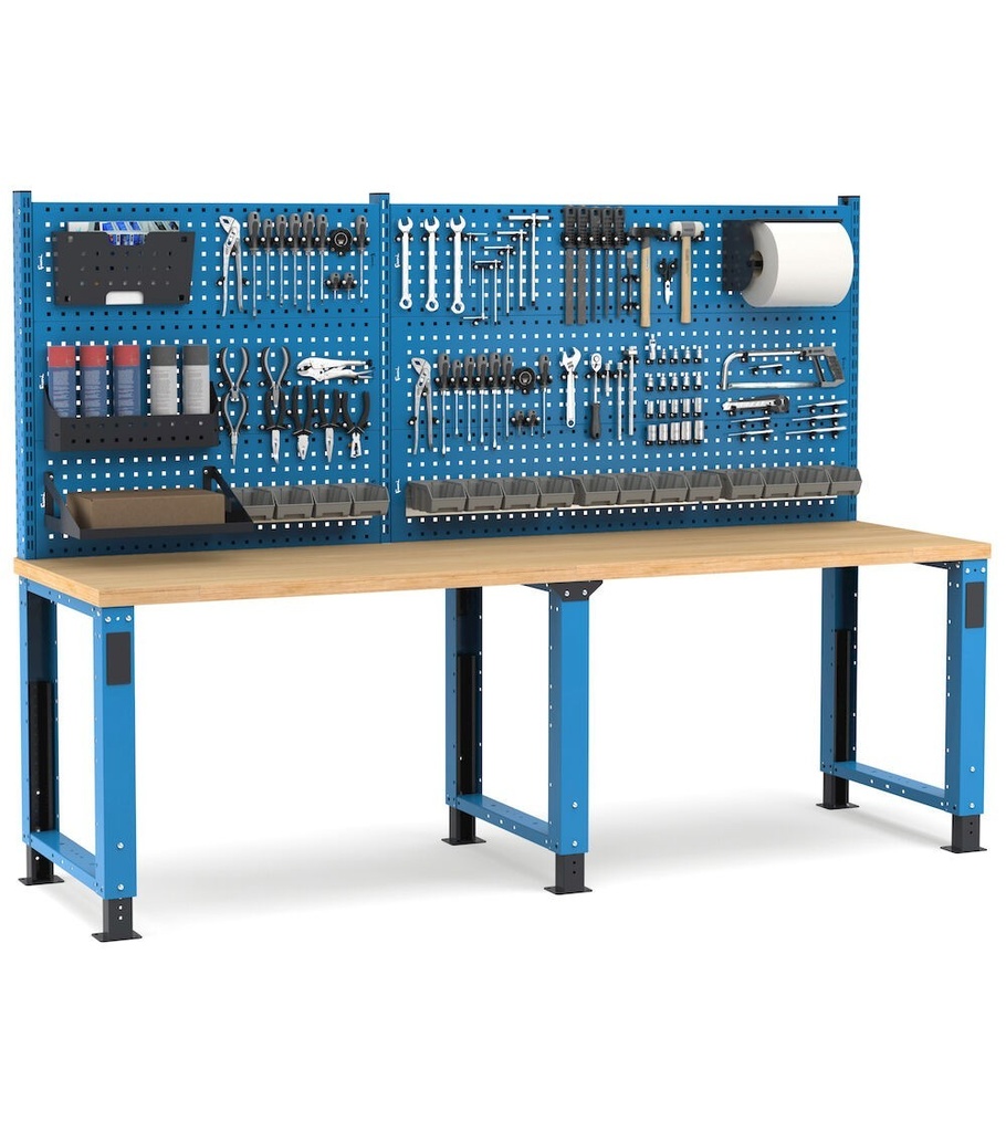 [MASTERWR2506] Banco da lavoro Work Master regolabile con parete porta attrezzi – 2500 × 750 × 1708/2058 mm, Blu + Grigio antracite (RAL 5012+7016)