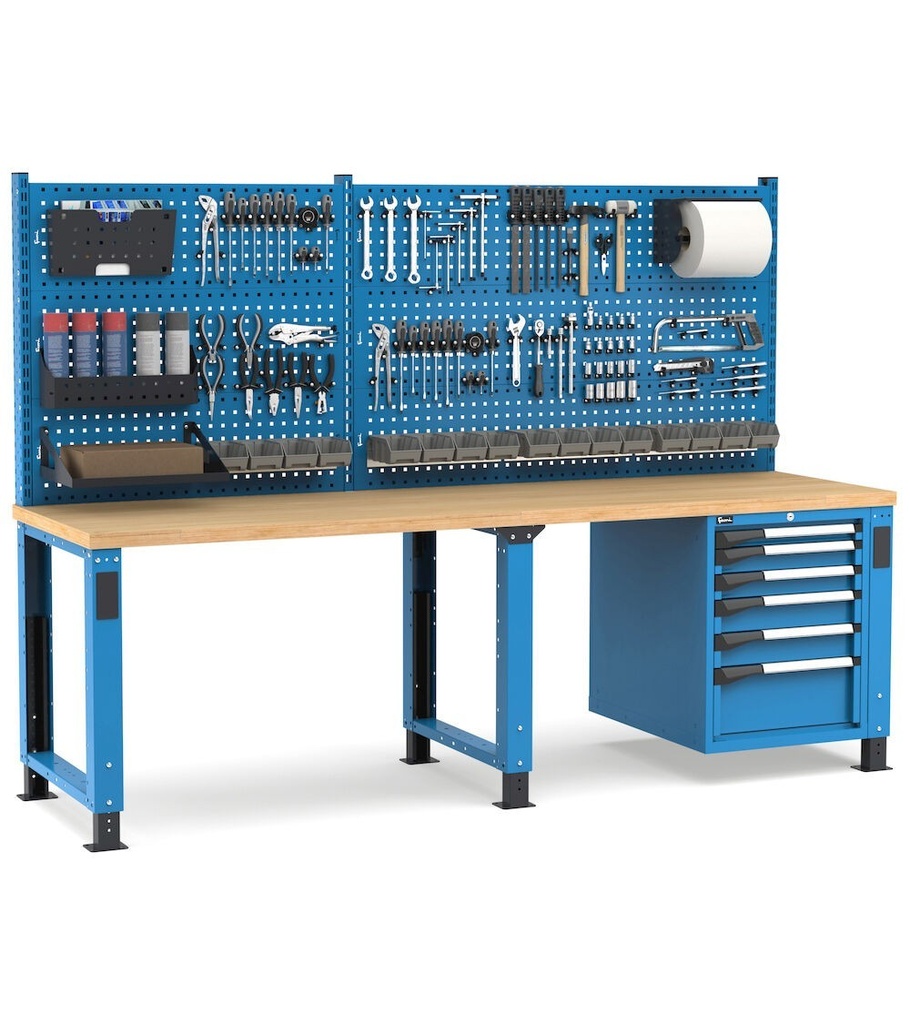 [MASTERWR2542] Banco con 6 cassetti 1x50 2x75 2x100 1x200 Work Master – H 1708/2058 mm – 2500 × 750 × 1708/2058 mm, Blu + Grigio antracite (RAL 5012+7016)