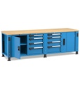 Banco professionale con 8 cassetti, porta, ripiano regolabile, morsa e allacciamenti, 250 cm, blu e antracite – foto 2