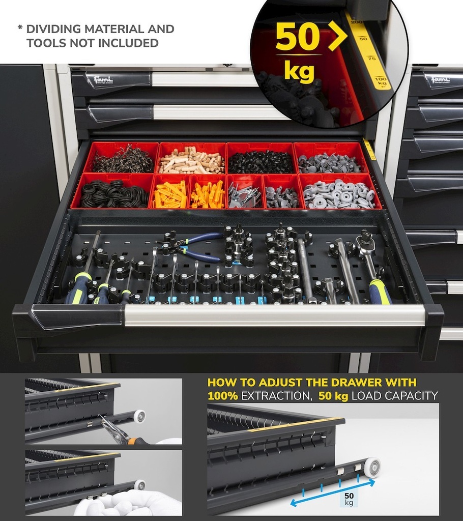 Banco con 9 cassetti 2x100 4x150 2x200 1x300 Work Master – H 890 mm – 2000 × 750 × 890 mm, Grigio chiaro + Grigio antracite (RAL 7035+7016) – foto 6