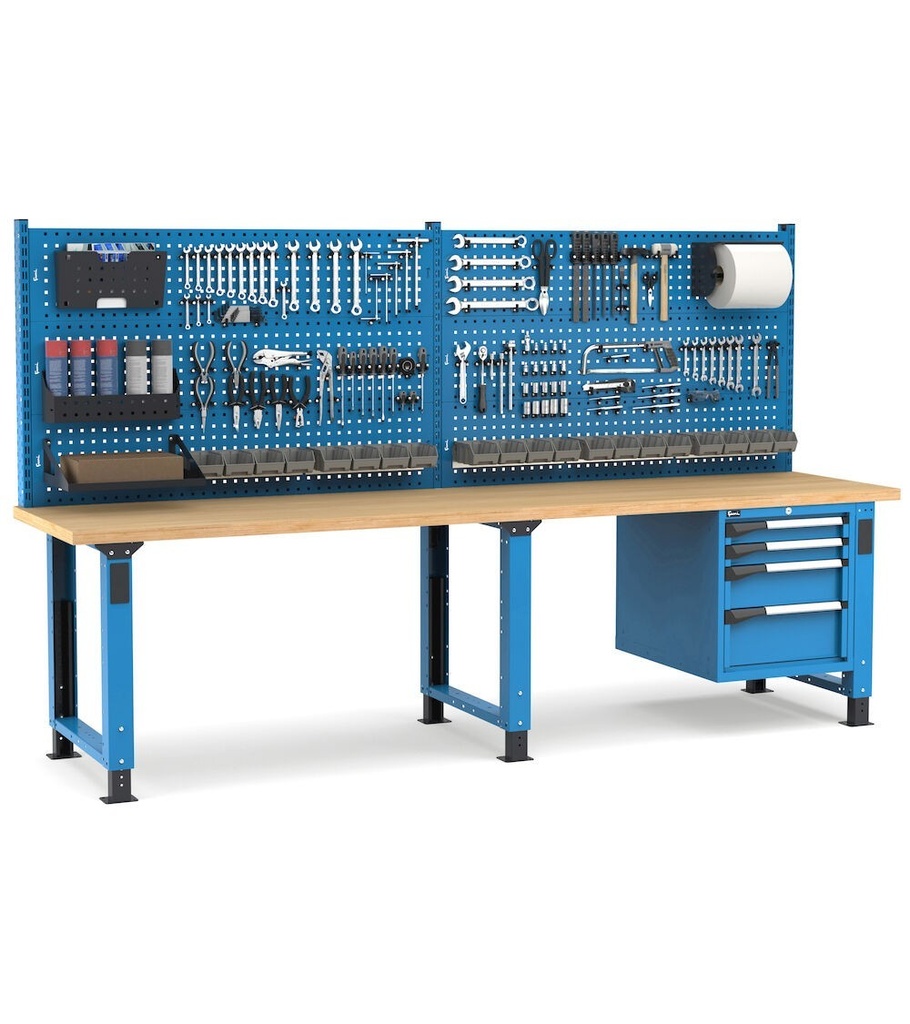 [MASTERWR3024] Banco con 4 cassetti 2x75 1x150 1x200 Work Master – H 1708/2058 mm – 3000 × 750 × 1708/2058 mm, Blu + Grigio antracite (RAL 5012+7016)