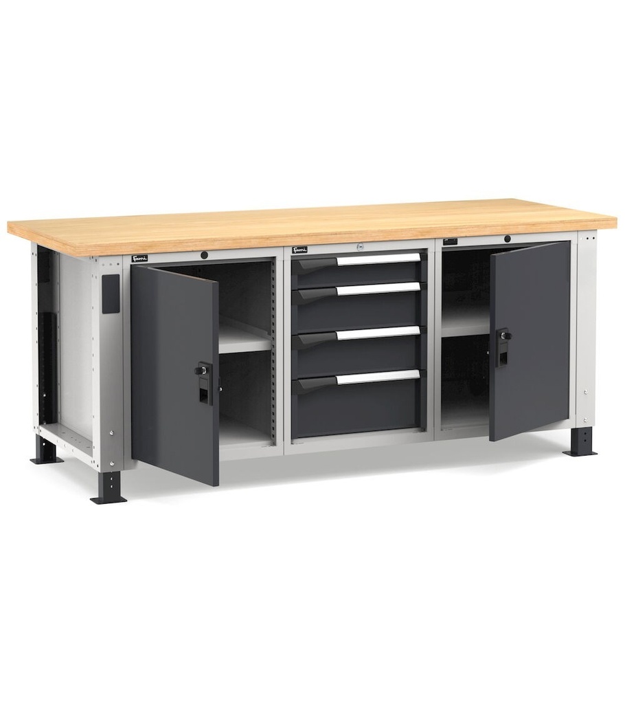 [MASTERWR2067] Banco con porte con 4 cassetti 1x100 2x150 1x200 2xPR Work Master – H 765/1115 mm – Grigio chiaro + Grigio antracite (RAL 7035+7016)