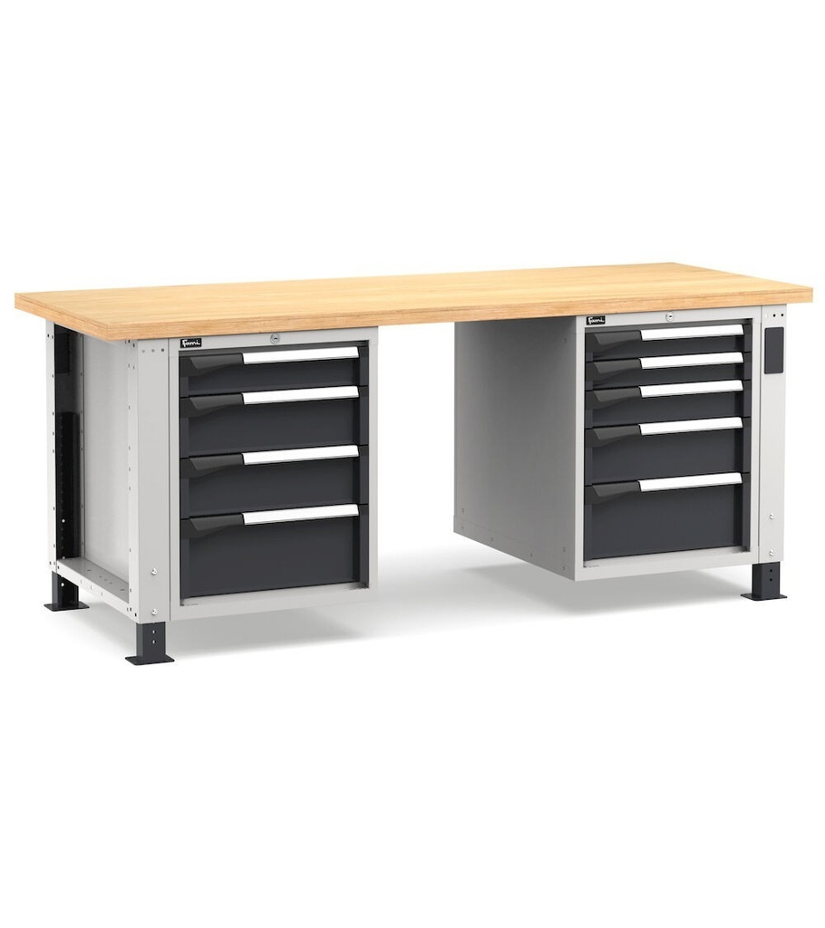 [MASTERWR2057] Banco con 9 cassetti 2x75 2x100 3x150 2x200 Work Master – H 765/1115 mm – 2000 × 750 × 765/1115 mm, Grigio chiaro + Grigio antracite (RAL 7035+7016)
