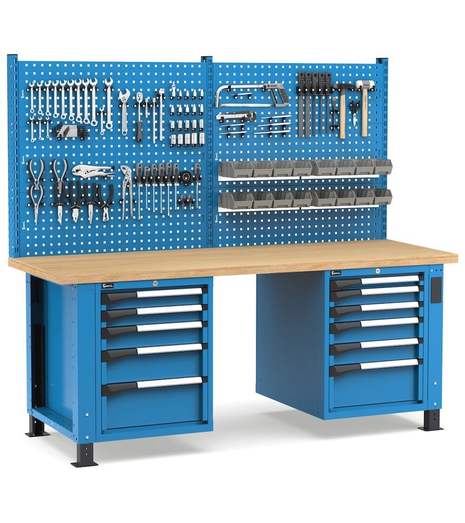 [MASTERWR2066] Banco con 11 cassetti 1x50 4x75 3x100 1x150 2x200 Work Master – H 1708/2058 mm – 2000 × 750 × 1708/2058 mm, Blu + Grigio antracite (RAL 5012+7016)