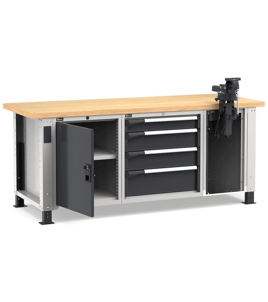 [MASTERWR2069] Banco professionale con 4 cassetti, anta, ripiano regolabile e morsa, 200 cm, grigio e antracite