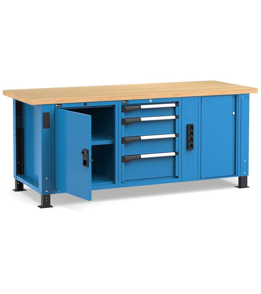 Banco professionale con 4 cassetti, anta, ripiano regolabile, morsa e allacciamenti, 200 cm, blu e antracite – foto 2