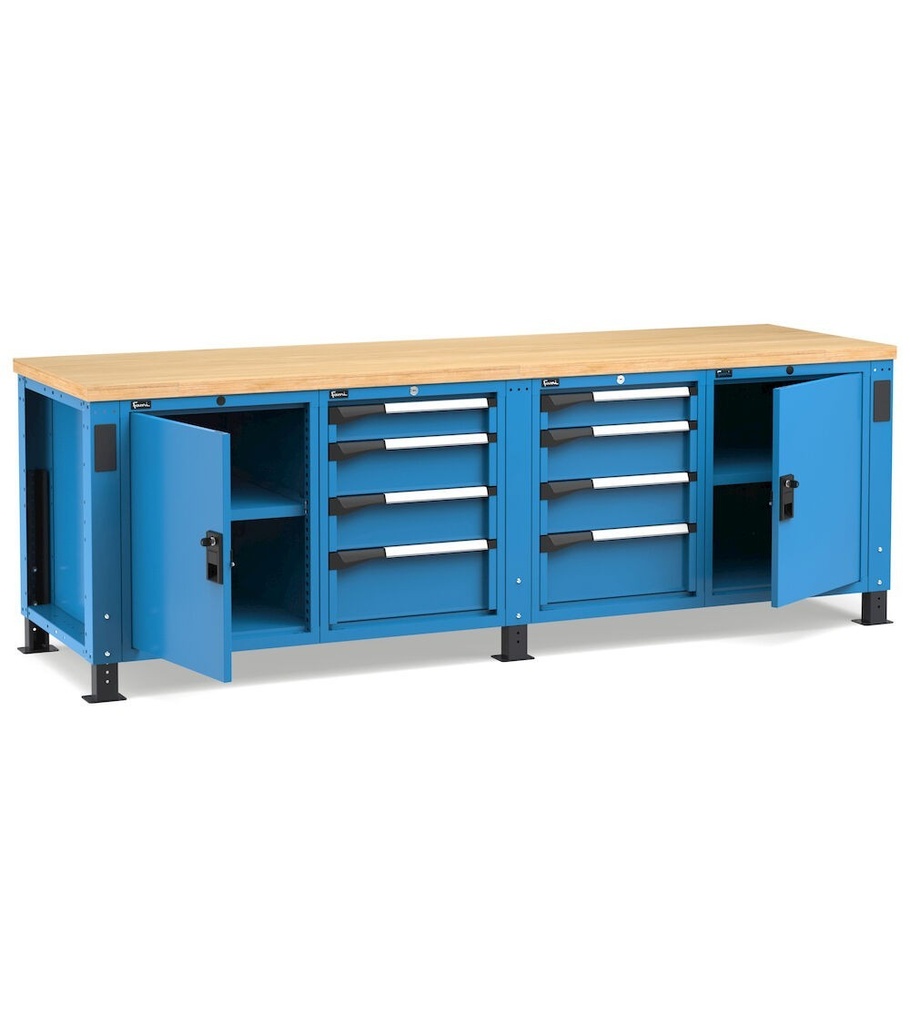 [MASTERWR2568] Banco con porte con 8 cassetti 2x100 4x150 2x200 2xPR Work Master – H 765/1115 mm – 2500 × 750 × 765/1115 mm, Blu + Grigio antracite (RAL 5012+7016)