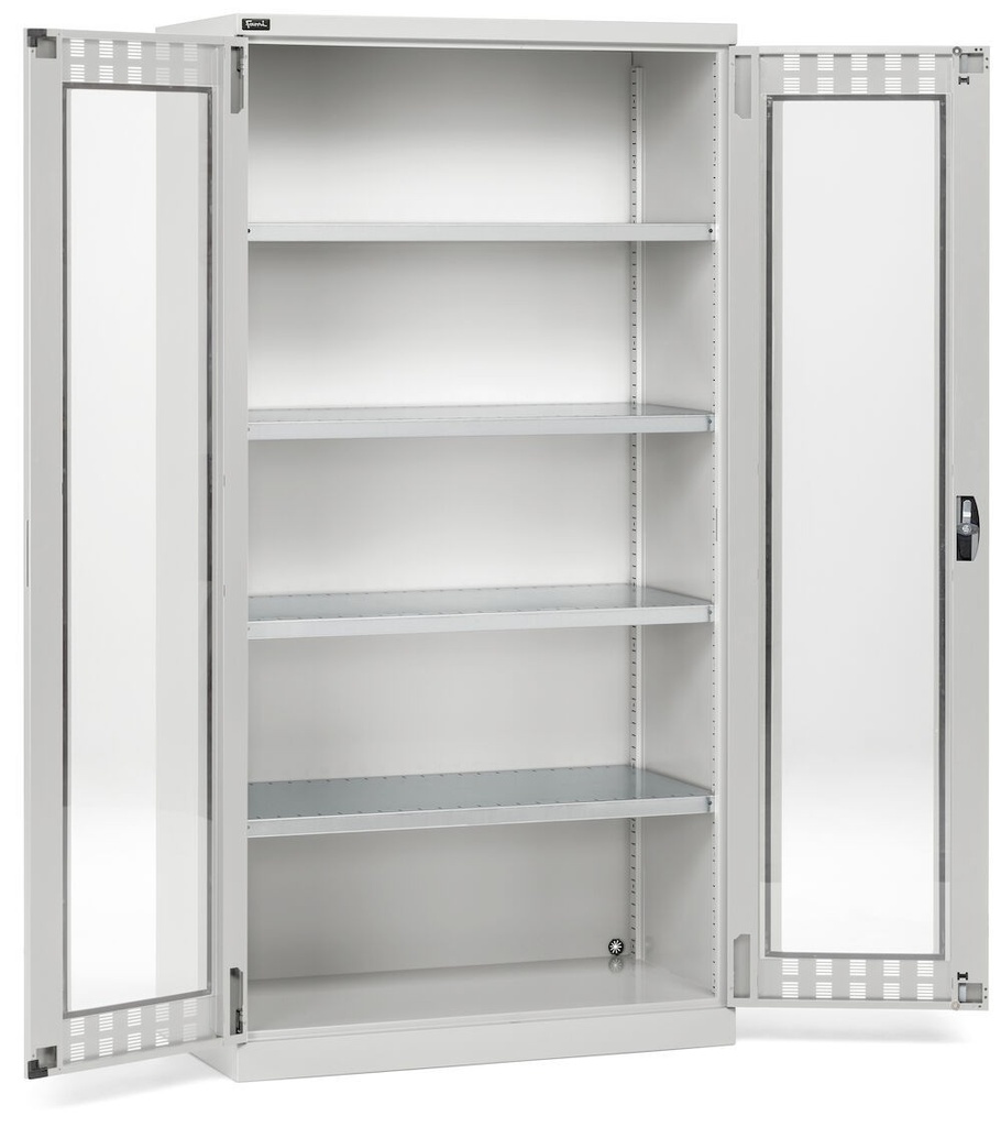 [PERFOM14008] Armadio con ante a battente fessurate in policarbonato, 4 ripiani, L1023 x P555 x H2000 mm – Grigio chiaro (RAL 7035)