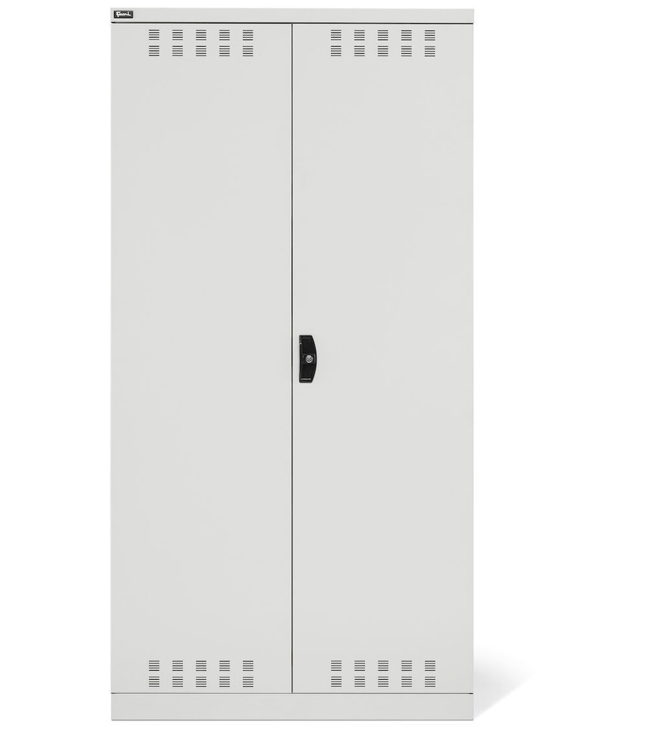 Armadio multiuso con ante battente fessurate, ripiani e divisorio, L1023 x P555 x H2000 mm – Grigio chiaro (RAL 7035) – foto 2