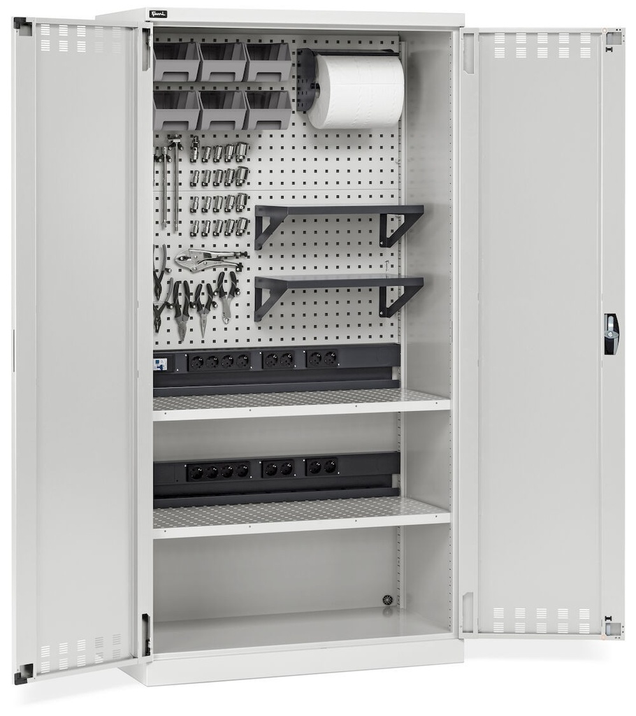 [PERFOM14041] Armadio caricabatterie con ante battenti, pannelli forati, accessori, L1023 x P555 x H2000 mm – Grigio chiaro (RAL 7035)