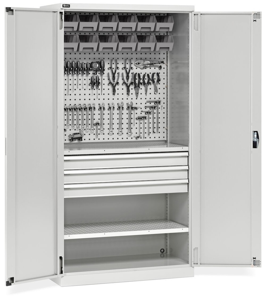 [PERFOM14050] Armadio portautensili, ante battente, cassetti, piani, contenitori e ganci, L1023 x P555 x H2000 mm – Grigio chiaro (RAL 7035)