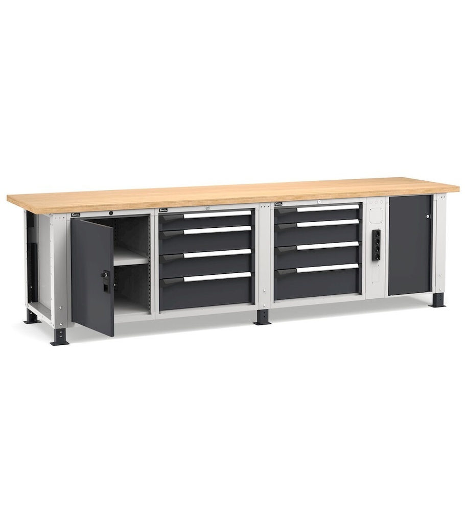 Banco professionale con 8 cassetti, porta, ripiano regolabile, morsa e allacciamenti, 300 cm, grigio e antracite – foto 2