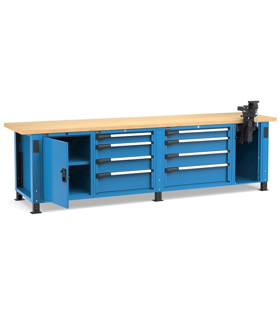 [MASTERWR3070] Banco professionale con 8 cassetti, porta, ripiano regolabile e morsa, 300 cm, blu e antracite