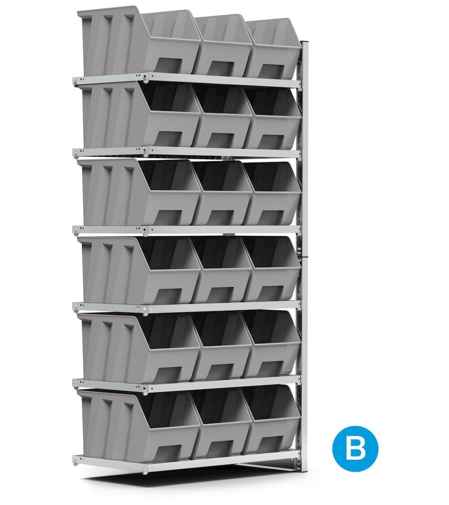 [ST1054] Scaffale aggiuntivo porta contenitori, 6 ripiani, 18 contenitori a bocca di lupo mis.4A5, L1028 x P521 x 2131 mm