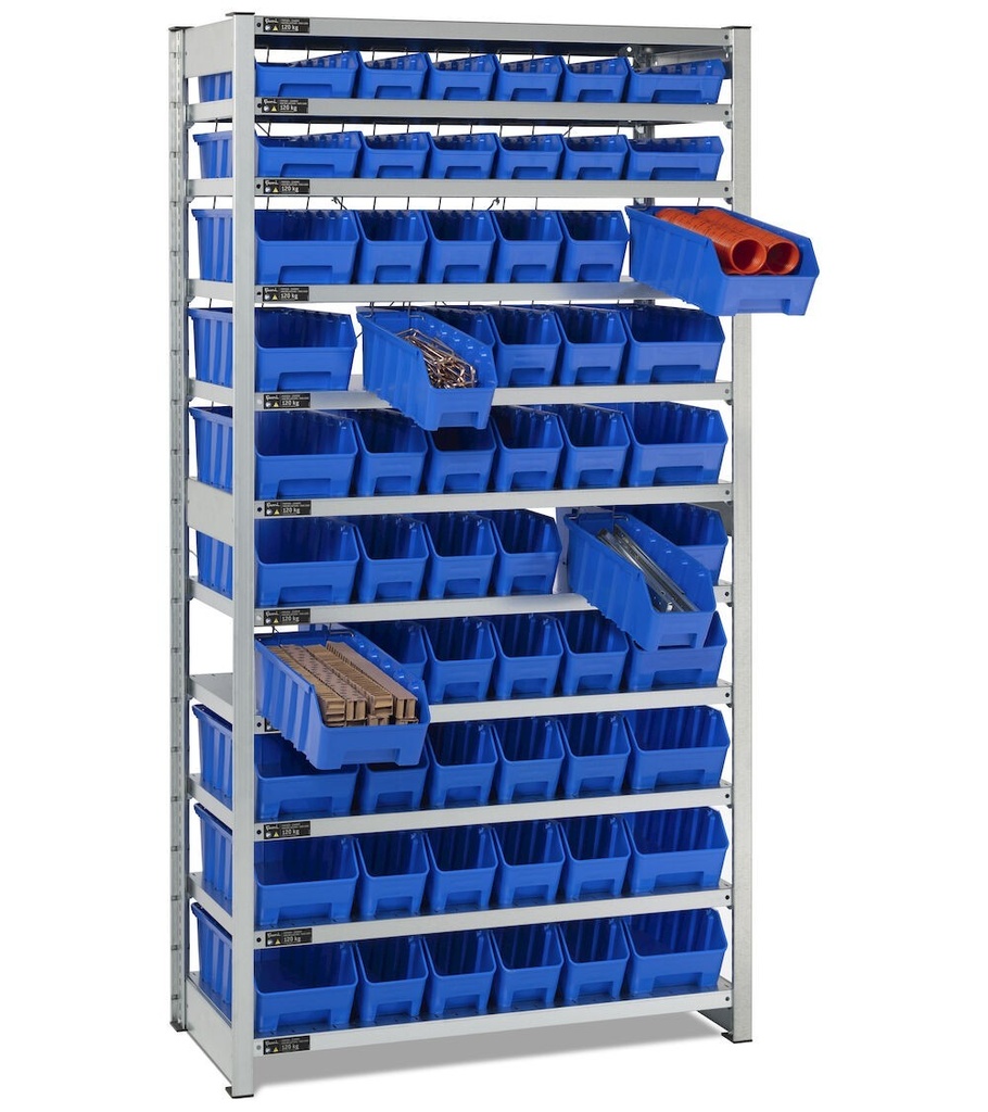 Scaffale con 11 piani e 60 contenitori RK Box Air, L1057 x P521 x H2011 mm – foto 2