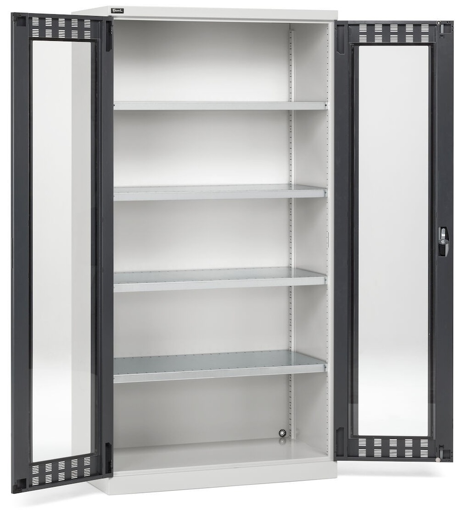[PERFOM14007] Armadio con ante a battente fessurate in policarbonato, 4 ripiani, L1023 x P555 x H2000 mm – Grigio chiaro + Grigio antracite (RAL 7035+7016)