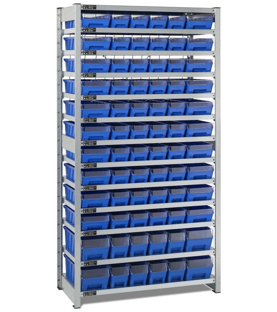 [ST1076] Scaffale con 13 piani e 72 contenitori RK Box Air con divisori e frontalini, L1057 x P521 x H2011 mm