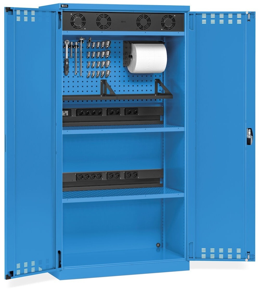 [PERFOM14036] Armadio caricabatterie con griglia areazione, pannelli forati, accessori, L1023 x P555 x H2000 – Blu (RAL 5012)