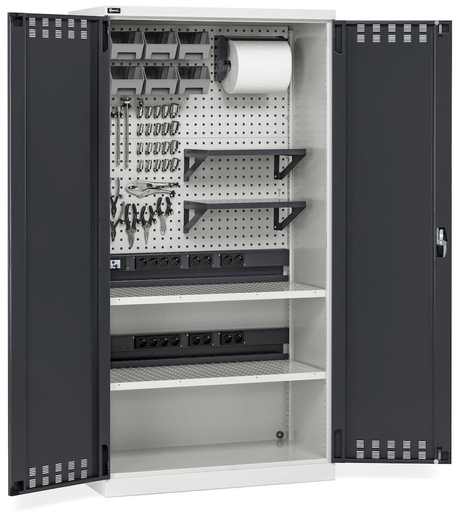 [PERFOM14040] Armadio caricabatterie con ante battenti, pannelli forati, accessori, L1023 x P555 x H2000 mm – Grigio chiaro + Grigio antracite (RAL 7035+7016)