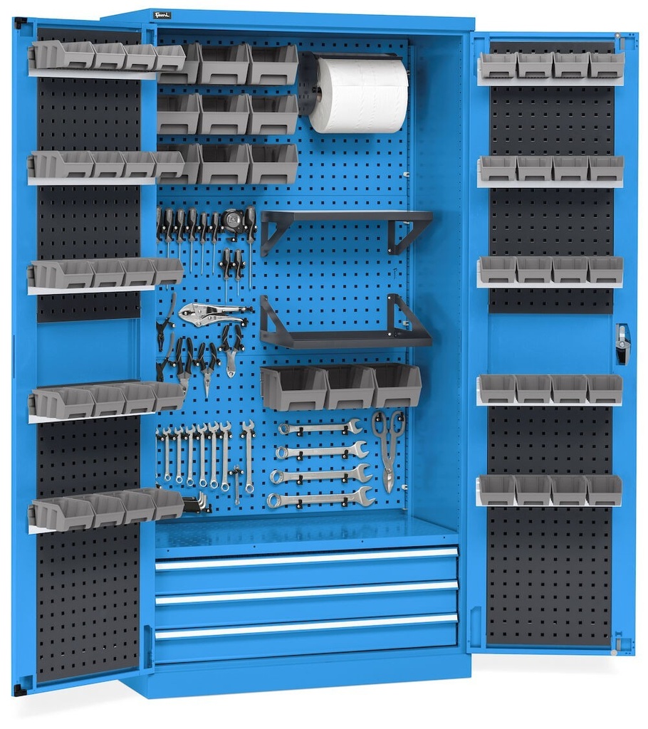 [PERFOM14048] Armadio porta attrezzi con ante battente e accessori, L1023 x P555 x H2000 mm – Blu (RAL 5012)