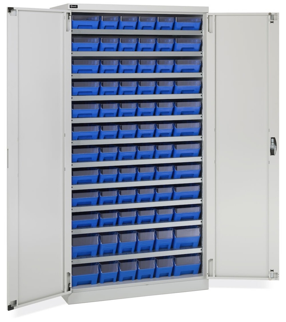 [PERFOM14081] Armadio con porte a battente con 72 contenitori RK Box Air con divisori e frontalini Perfom – H 2000 mm – Grigio chiaro (RAL 7035)
