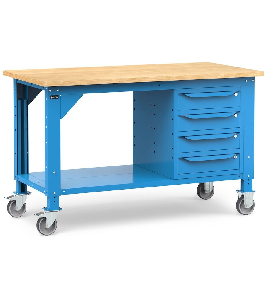 [WORK1558] Banco lavoro con ruote e 4 cassetti, 150 cm, blu