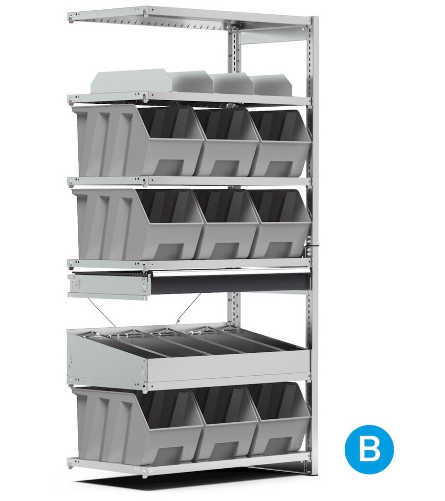 [ST1023] Scaffale aggiuntivo con 9 contenitori mis. 4A5 e 6 ripiani, L1028 x P521 x H2011 mm