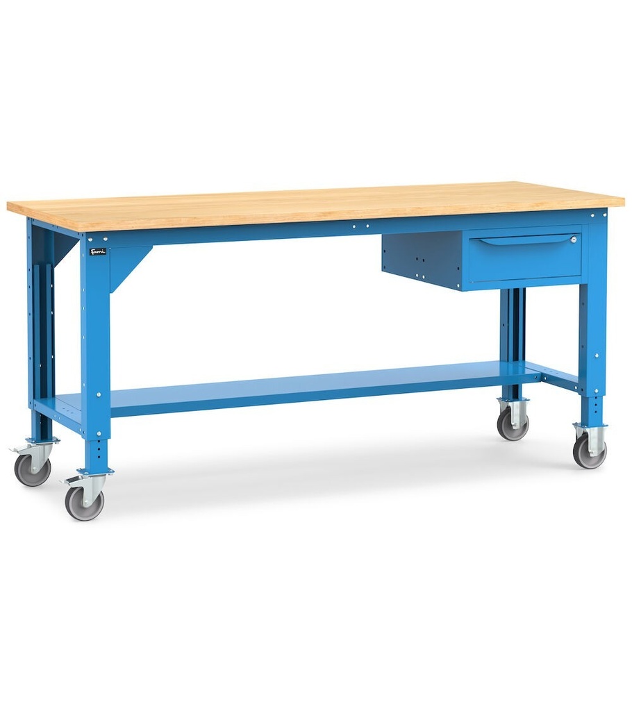 [WORK2059] Banco lavoro con ruote e 1 cassetto, 200 cm, blu