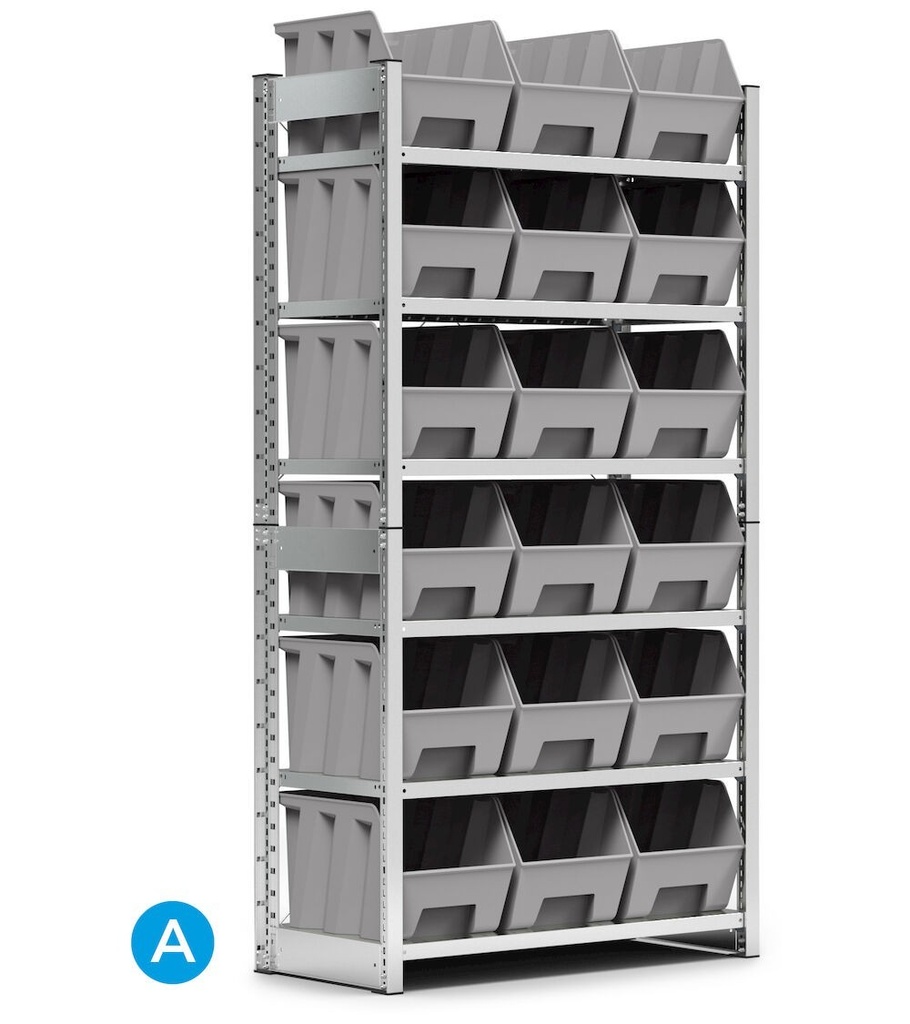 [ST1053] Scaffale porta contenitori, 6 ripiani, 18 contenitori a bocca di lupo mis.4A5, L1057 x P521 x 2131 mm