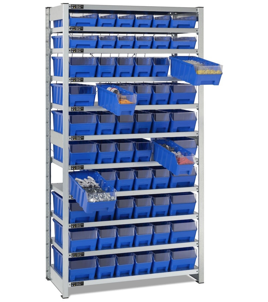 Scaffale con 11 piani e 60 contenitori RK Box Air con divisori e frontalini, L1057 x P521 x H2011 mm – foto 2