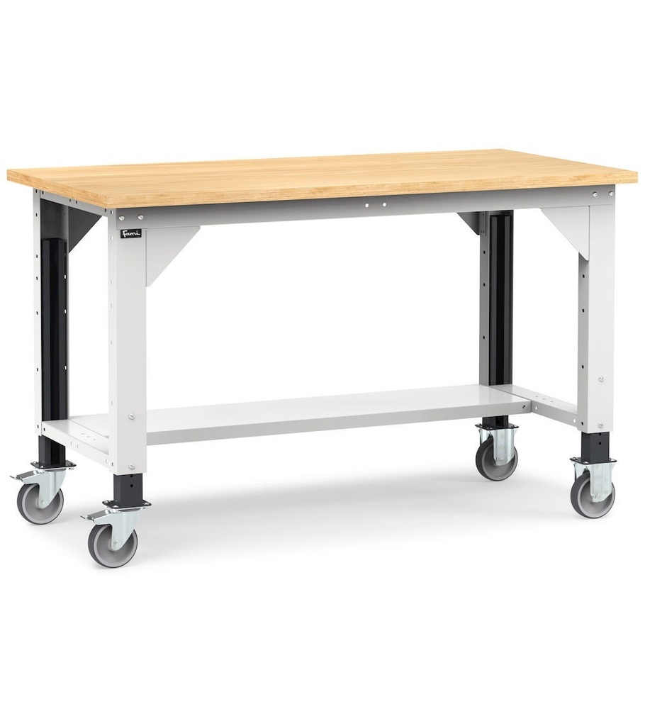 [WORK1553] Banco smontato con ruote con piano in multiplex 30 mm Work Up – 1500 × 750 × 887/1212 mm, Grigio chiaro + Grigio antracite (RAL 7035+7016)