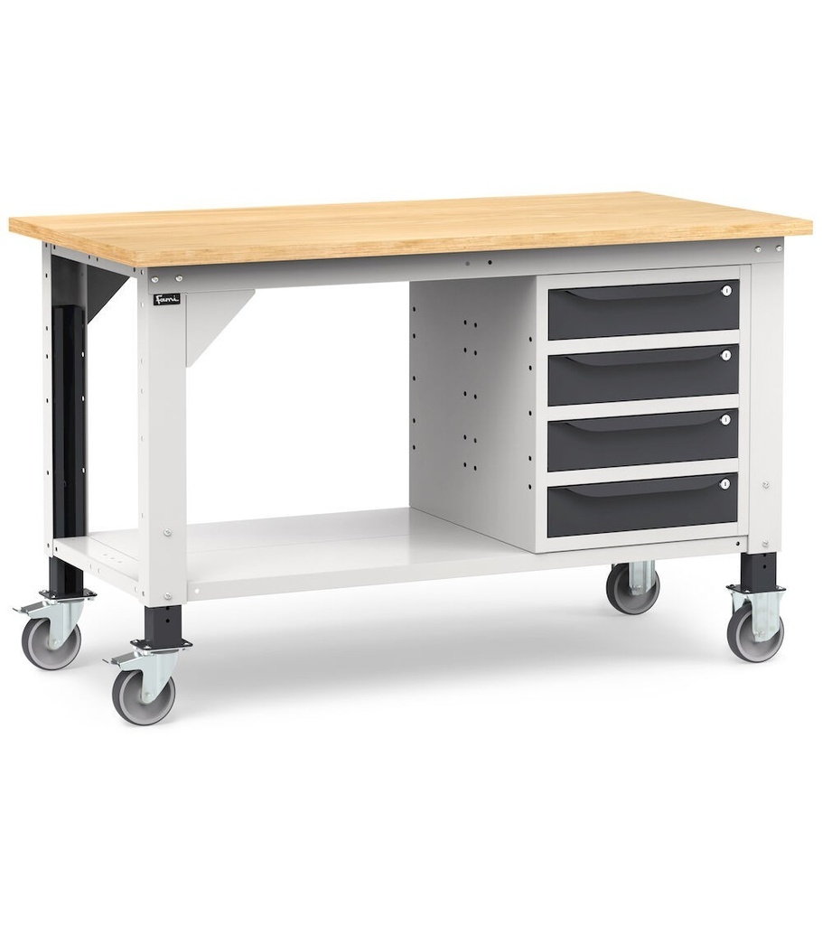 [WORK1557] Banco lavoro con ruote e 4 cassetti, 150 cm, grigio e antracite
