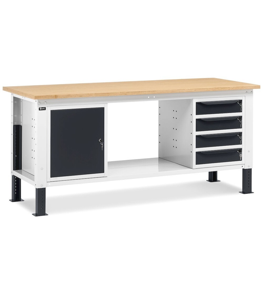 [WORK2005] Banco da lavoro WORK2005 con 1 armadio a cassetti con 4 cassetti e 1 armadio con porta, L 200 cm
