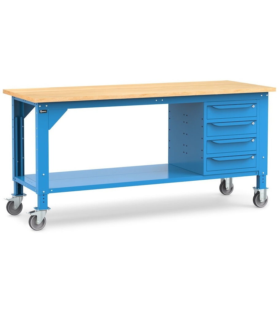 [WORK2061] Banco lavoro con ruote e 4 cassetti, 200 cm, blu