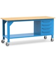 [WORK2061] Banco lavoro con ruote e 4 cassetti, 200 cm, blu