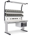 Postazione di lavoro Dynamic, cassettiera 3 cassetti, 36 contenitori Picking Box – Grigio chiaro + Grigio antracite (RAL 7035+7016) – 1497 × 780 × 1983/2383 mm