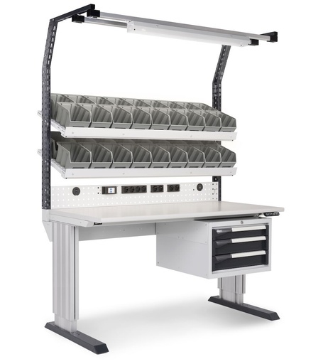 Dynamic workstation, 3-drawer cabinet, 36 Picking Box bins – Light grey + Anthracite grey (RAL 7035+7016) – 1497 × 780 × 1983/2383 mm