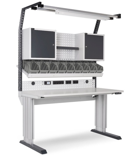 Dynamic workstation, 2 wall cabinets, 18 Picking Box bins – Light grey + Anthracite grey (RAL 7035+7016) – 1497 × 780 × 1983/2383 mm