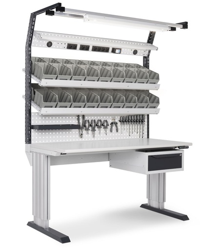 Dynamic workstation, 1-drawer cabinet, shelf, 36 Picking Box bins – Light grey + Anthracite grey (RAL 7035+7016) – 1497 × 780 × 1983/2383 mm