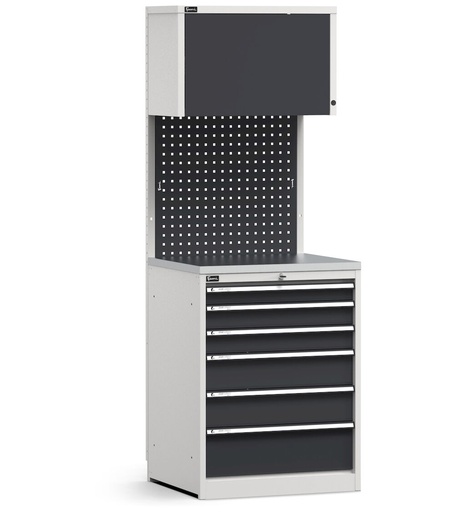 Modulo con cassettiera, 6 cassetti, top in acciaio inox – Grigio chiaro + Grigio antracite (RAL 7035+7016) – 714 × 640 × 2000 mm