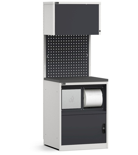Module avec armoire dotée d'un compartiment à déchets et d'un rouleau de papier, plateau en acier caoutchouté – Gris clair + Gris anthracite (RAL 7035+7016) – 714 × 640 × 2000 mm