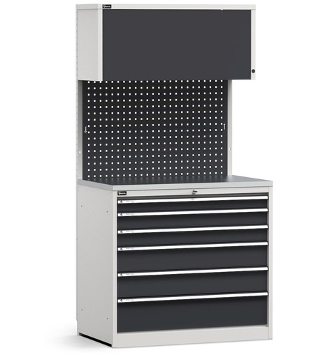 Module avec bloc tiroirs, 6 tiroirs, plateau en acier inoxydable – Gris clair + Gris anthracite (RAL 7035+7016) – 1020 × 640 × 2000 mm