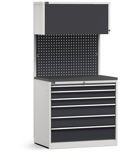 Modulo con cassettiera, 6 cassetti, top in acciaio gommato – Grigio chiaro + Grigio antracite (RAL 7035+7016) – 1020 × 640 × 2000 mm