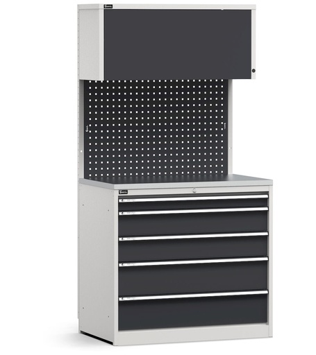 Module avec bloc tiroirs, 5 tiroirs, plateau en acier inoxydable – Gris clair + Gris anthracite (RAL 7035+7016) – 1020 × 640 × 2000 mm