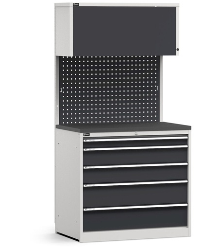 Modulo con cassettiera, 5 cassetti, top in acciaio gommato – Grigio chiaro + Grigio antracite (RAL 7035+7016) – 1020 × 640 × 2000 mm